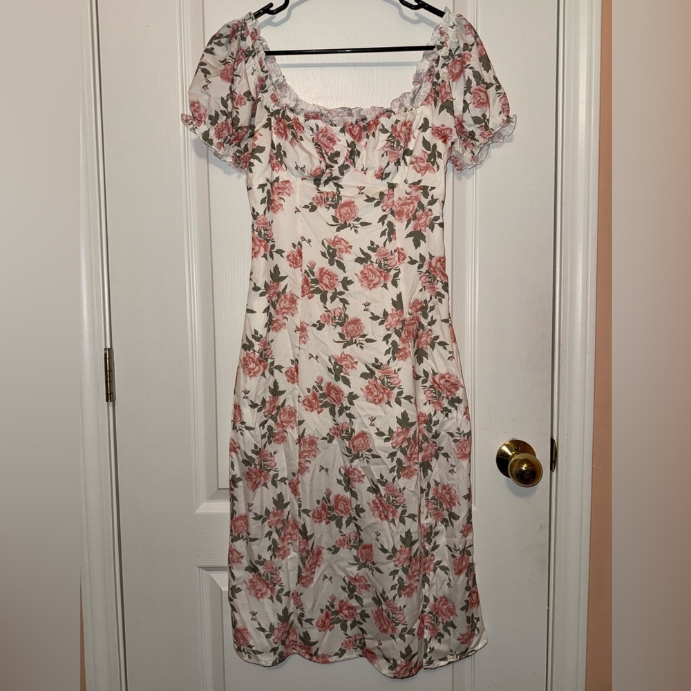 Pink Lily Cream Midi Dress with Pink Rose Print